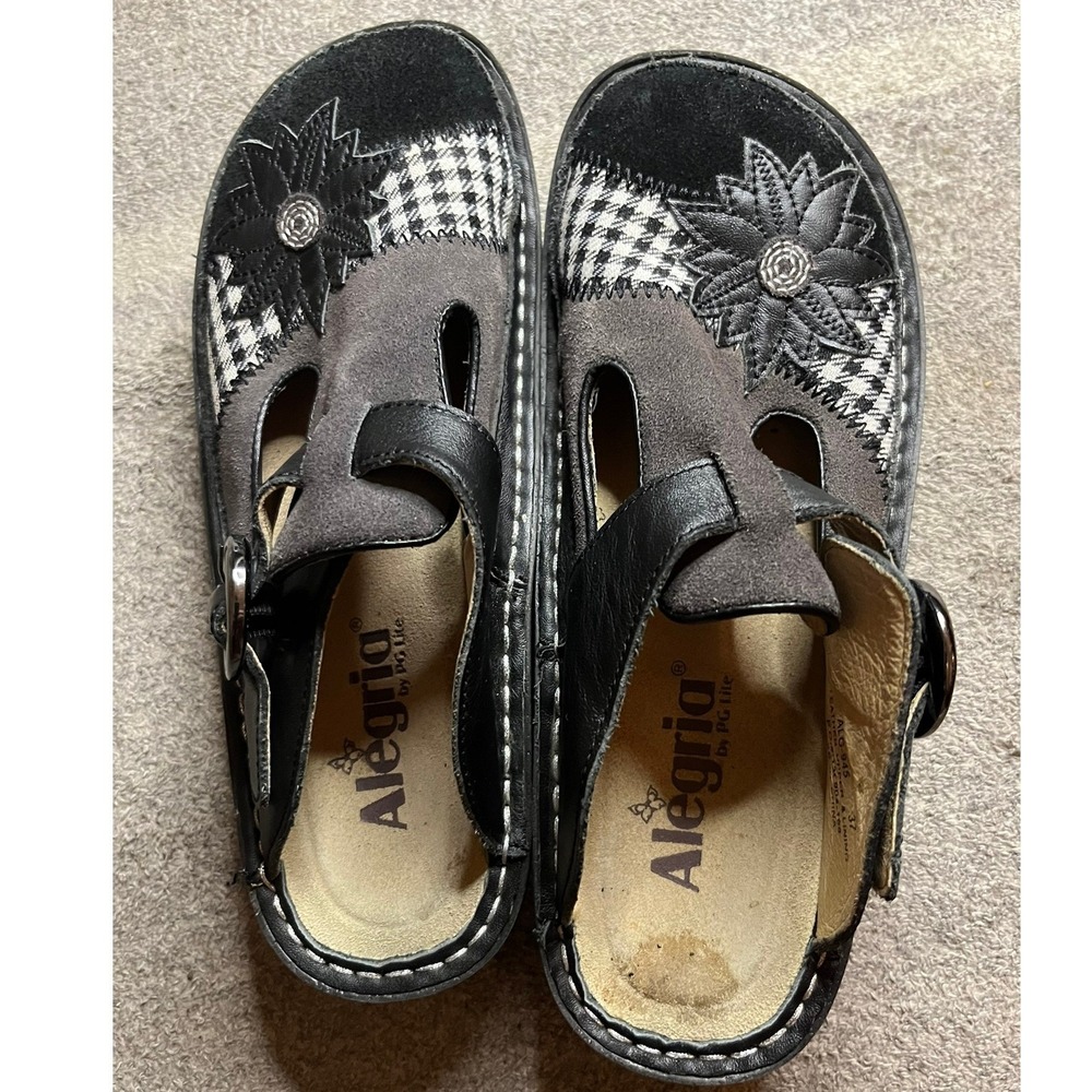 Alegria PG Lite ALG-945 Black Houndstooth Leather Clogs Mules 37 Cottagecore